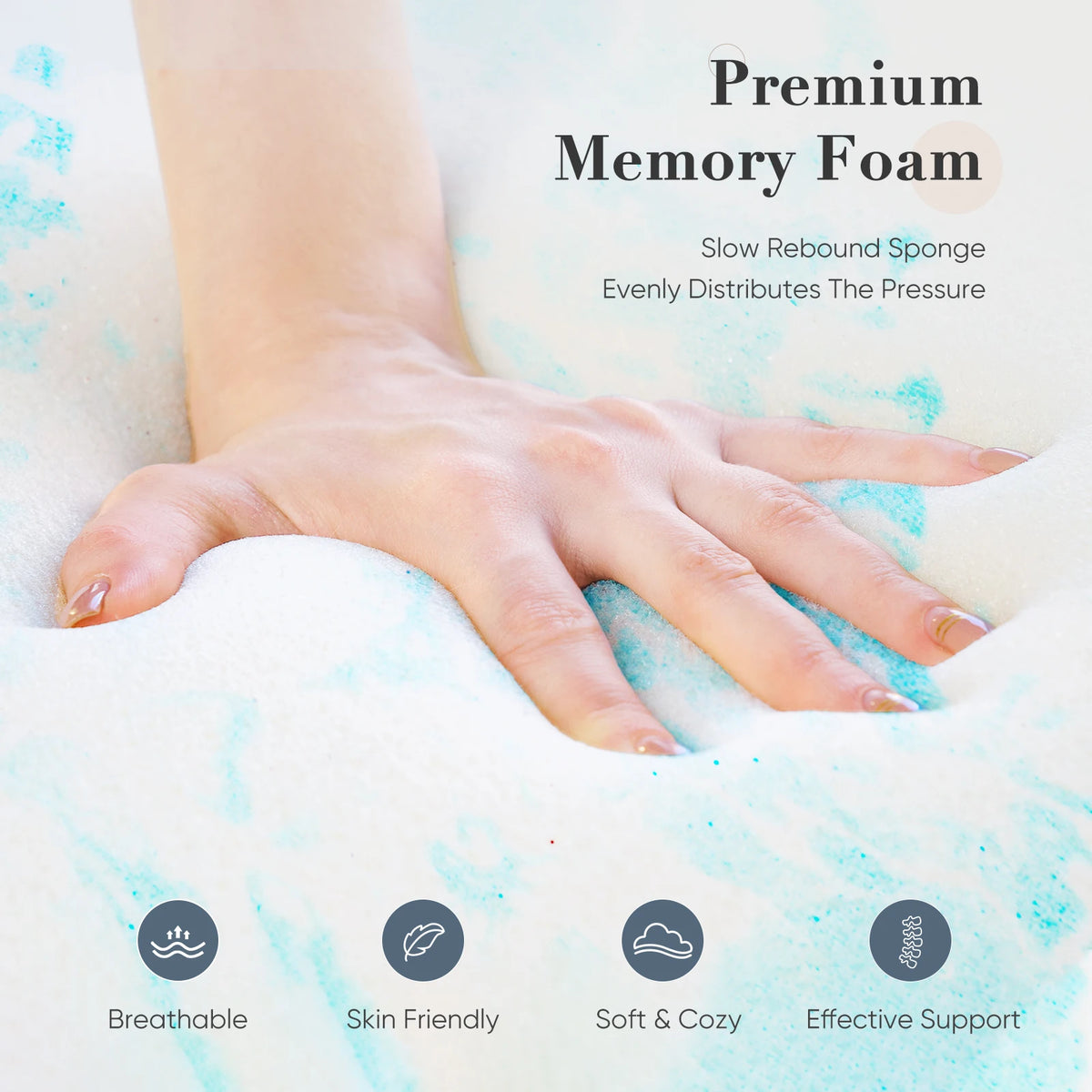 A hand rests on a white memory foam product, highlighting features like breathable, skin friendly, soft & cozy, and effective