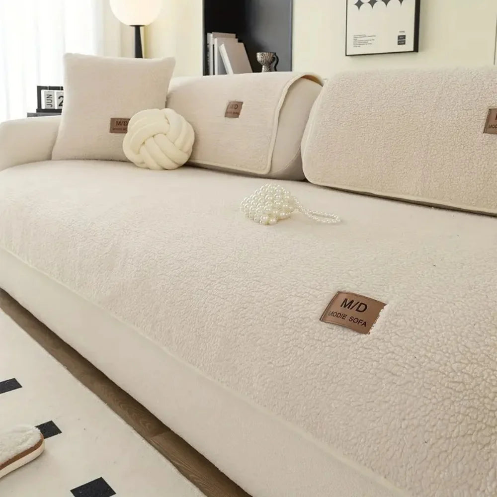 A cream sherpa anti-slip sofa cover with light beige cushions and decorative knit accents.