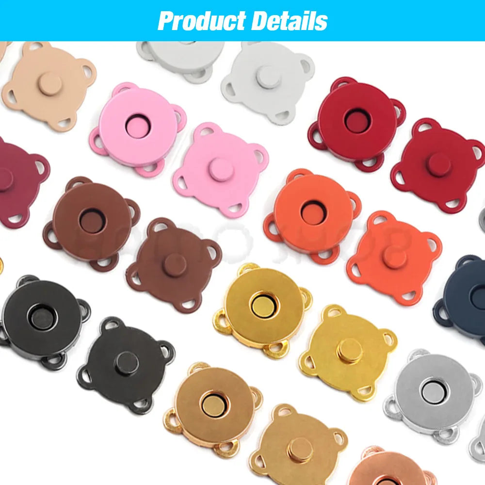 A collection of metal magnetic snap buttons in various colors including pink, red, brown, and silver.