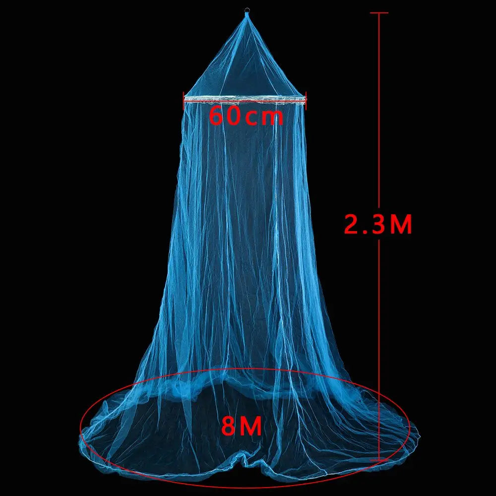 A blue lace dome mosquito net canopy shown with dimensions of 60cm width and 2.3m height.