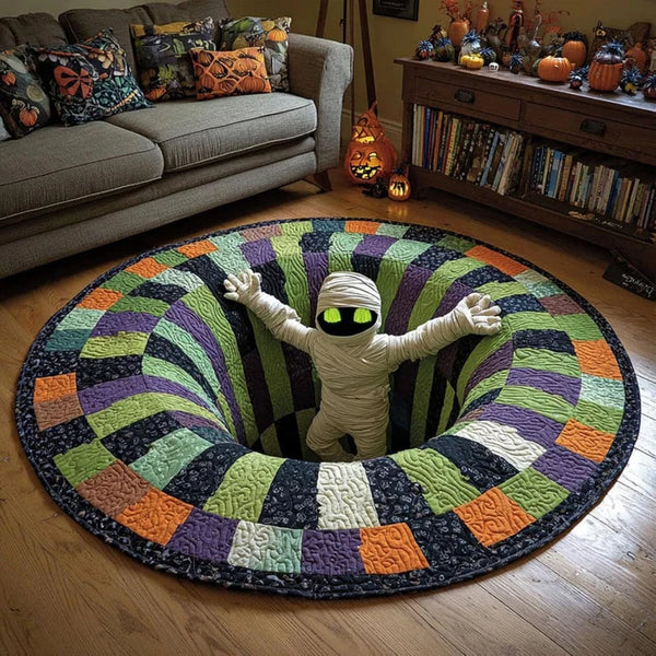 A circular rug with a green and purple striped pattern featuring a white skull figure.