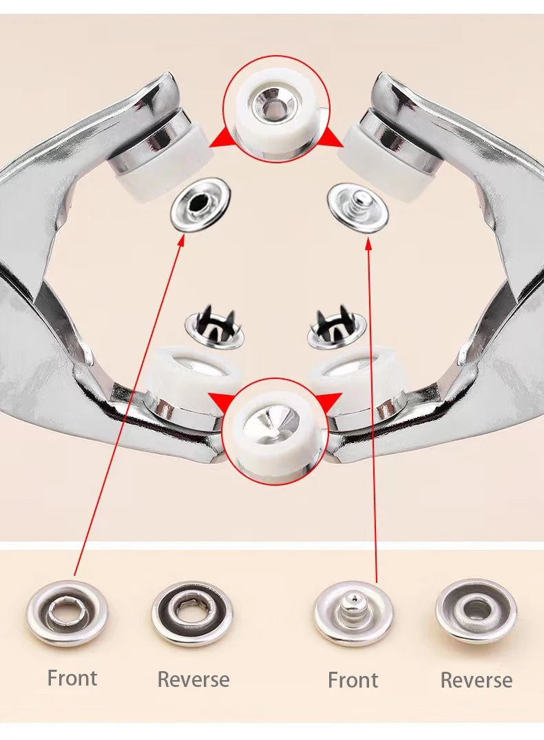 A metal sewing button kit showing various front and reverse views of the colorful buttons.