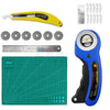 A yellow precision rotary cutting kit with six blades and a measuring scale is shown.