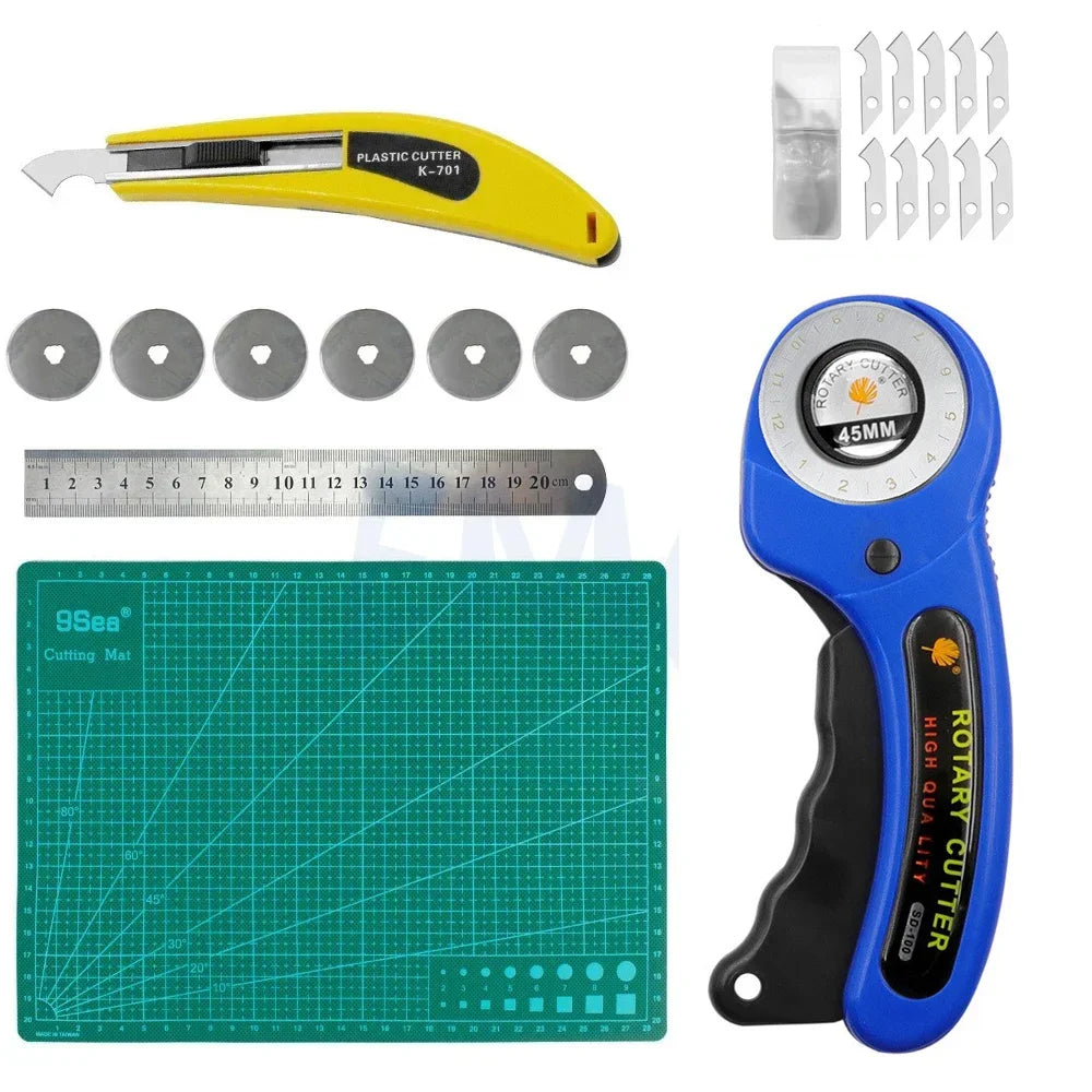 A yellow precision rotary cutting kit with six blades and a measuring scale is shown.