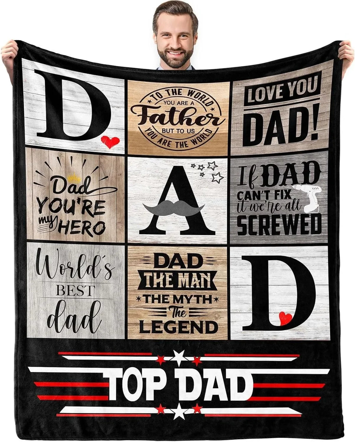 A black and gray graphic blanket featuring text celebrating a father with words like Dad, Hero, Legend, and Top Dad.
