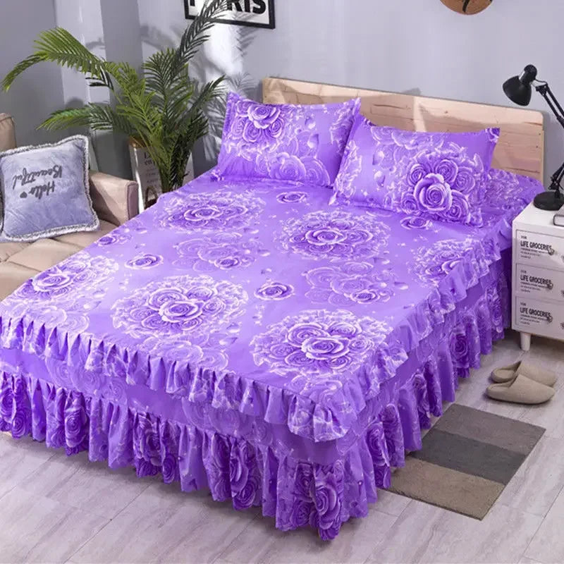 Purple fitted bed sheets with floral embroidery and lace trim displayed on a wooden bed frame.
