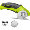 A bright lime green and black cordless electric rotary cutter with a silver blade and power cord.