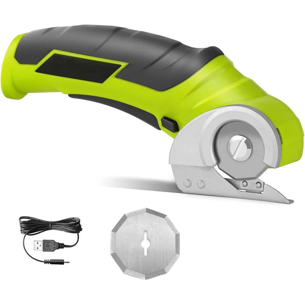 A bright lime green and black cordless electric rotary cutter with a silver blade and power cord.