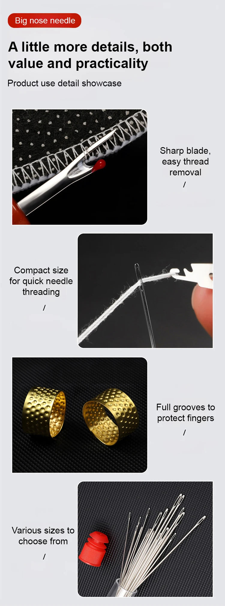 A precision hand sewing kit showing a sharp blade, compact needles, and various sizes of steel sewing needles.