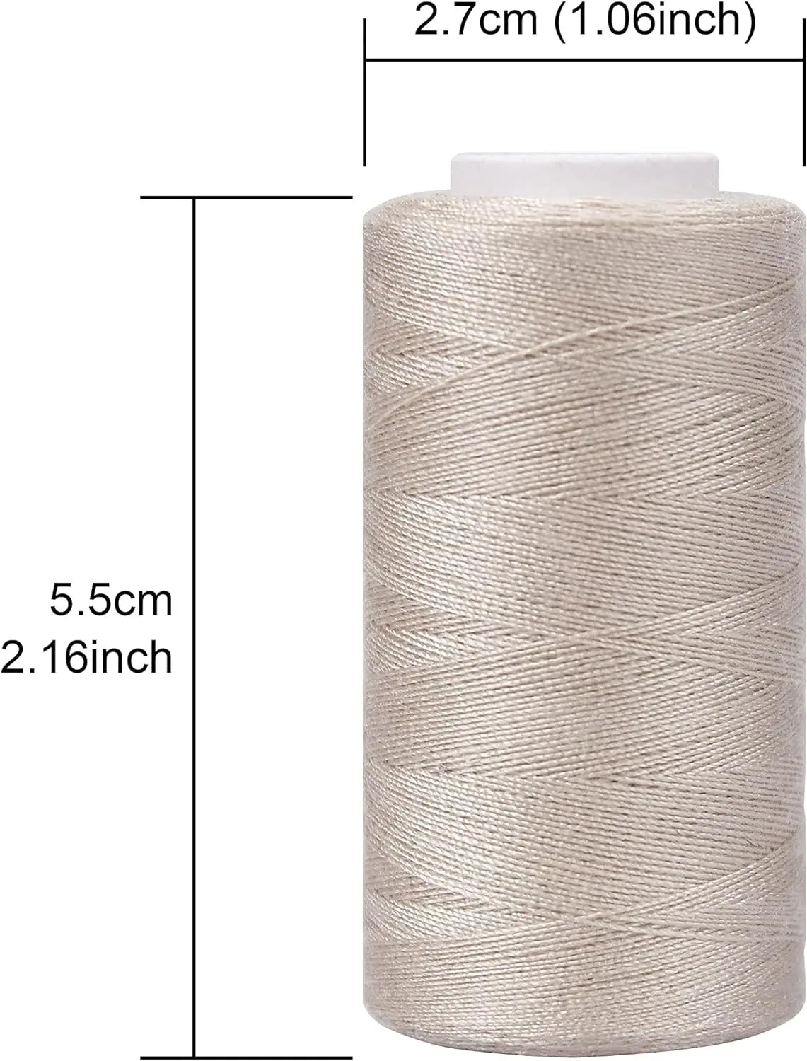 A roll of beige polyester sewing thread with a diameter of 2.7cm and a length of 5.5cm.