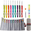 A set of ergonomic felt crochet hooks in various colors and sizes displayed on a gray felt mat.