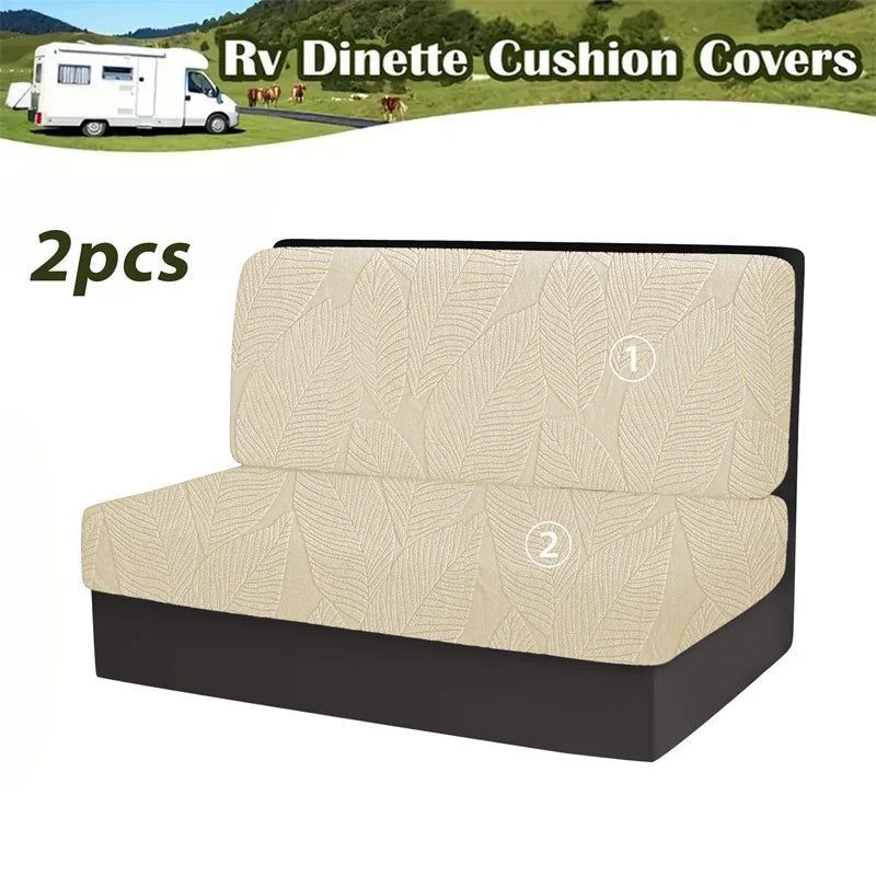 Two beige cushion covers for an RV dinette with a leaf pattern and anti-slip backing