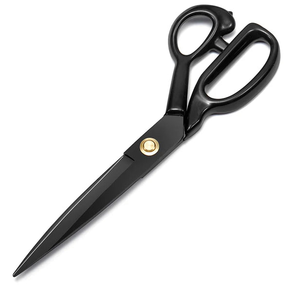 A pair of black heavy duty industrial tailor scissors with silver accents.