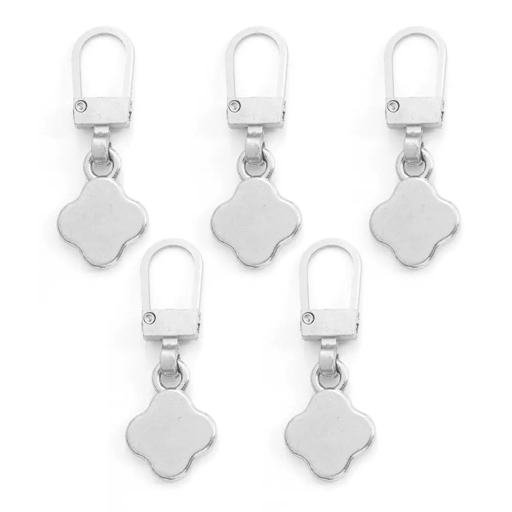 A set of five silver metal zipper pull replacement kits with square charms.