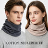A model wearing a gray cotton neckerchief, shown in a close-up shot.