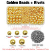 A box of golden beads and rivets, including various sizes of beads and rivets for crafting.