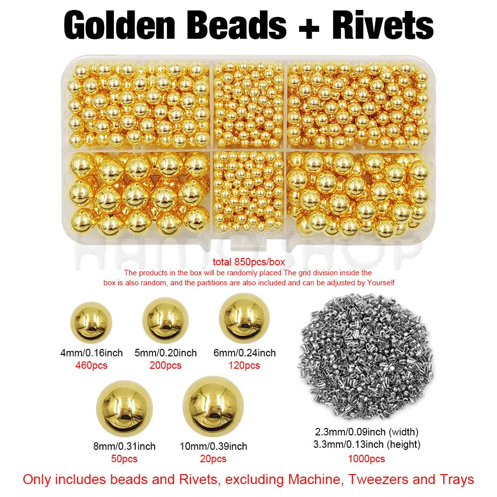 A box of golden beads and rivets, including various sizes of beads and rivets for crafting.