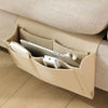 A beige felt storage organizer with a hanging pocket is shown open, holding a silver electronic device and earphones.