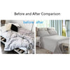 Before and after comparison of an adjustable bed sheet and quilt holder set on a bed.