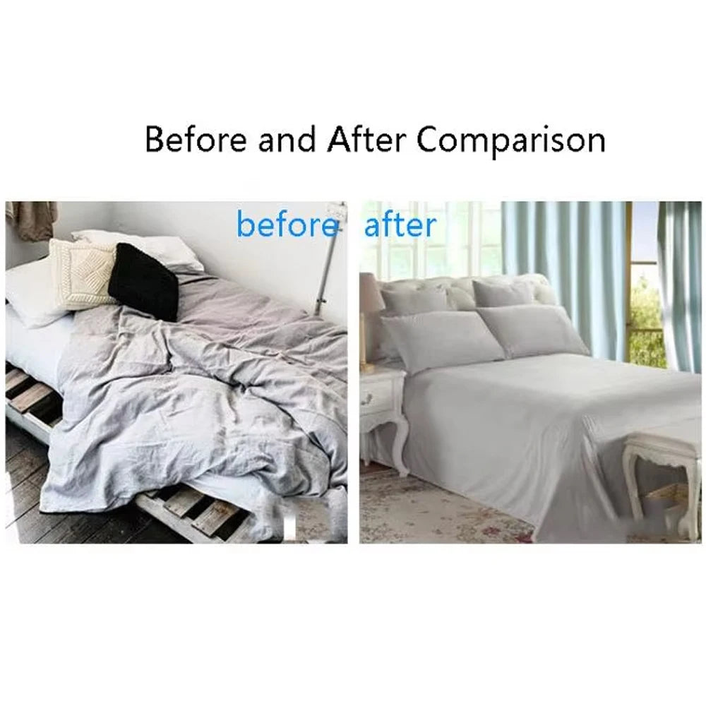 Before and after comparison of an adjustable bed sheet and quilt holder set on a bed.