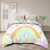 A pink and yellow quilt cover featuring a rainbow design with butterflies on a bed.