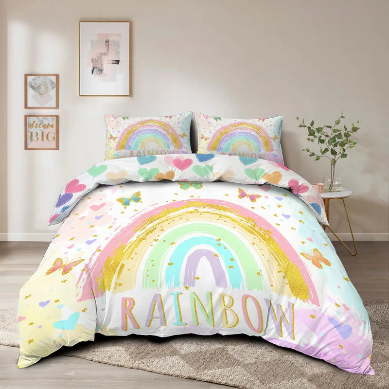 A pink and yellow quilt cover featuring a rainbow design with butterflies on a bed.