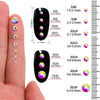 A hand displays various sizes of hotfix glass rhinestones, labeled SS6 through SS30, for crafts and apparel.