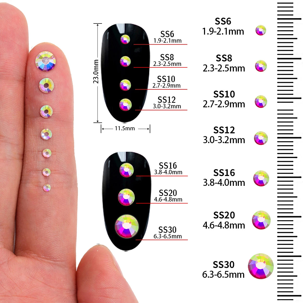 A hand displays various sizes of hotfix glass rhinestones, labeled SS6 through SS30, for crafts and apparel.