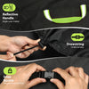 Hands demonstrate the features of a heavy-duty BBQ grill cover including a reflective handle, drawstring, and snap buckle.