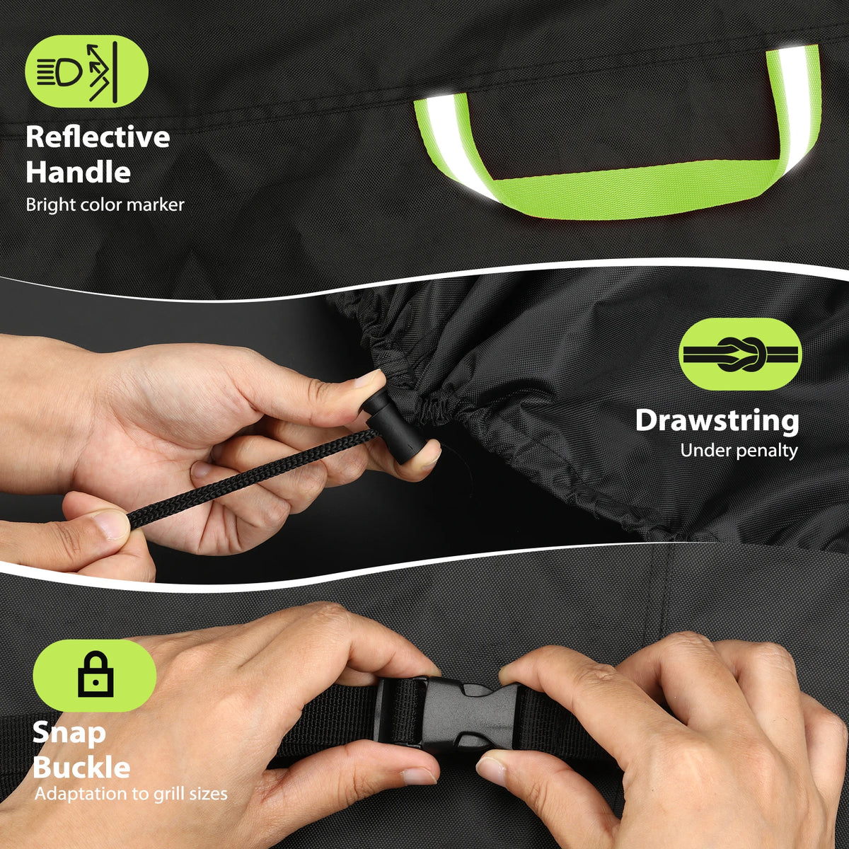 Hands demonstrate the features of a heavy-duty BBQ grill cover including a reflective handle, drawstring, and snap buckle.