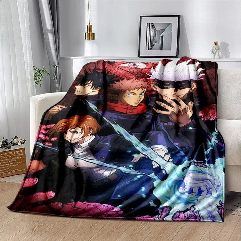 A dark and colorful anime throw blanket featuring characters from Jujutsu Kaisen
