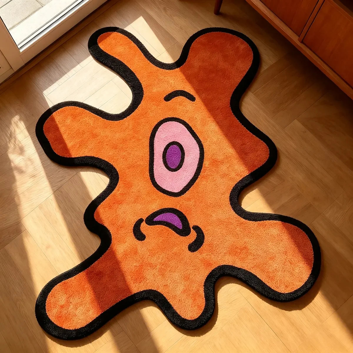 An orange and black playful one-eye monster area rug lying on a light wood floor.