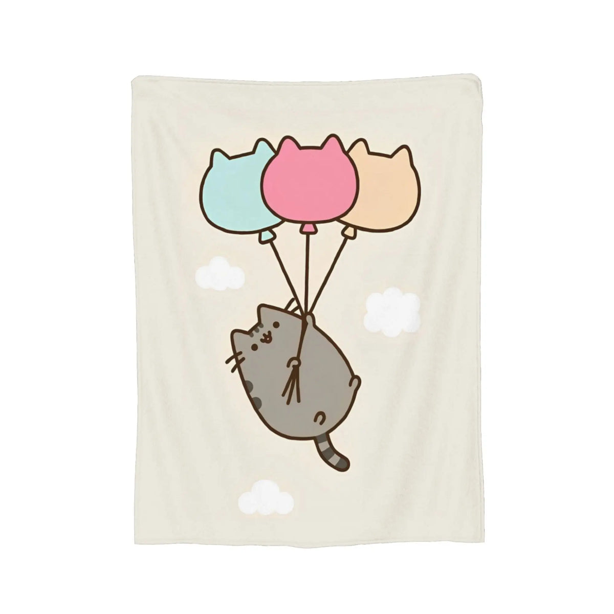 A light beige throw blanket featuring a graphic of a gray cat holding pink and blue balloons.