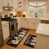 A set of Halloween ghost pumpkin print non-slip kitchen rugs placed on a light wood floor.