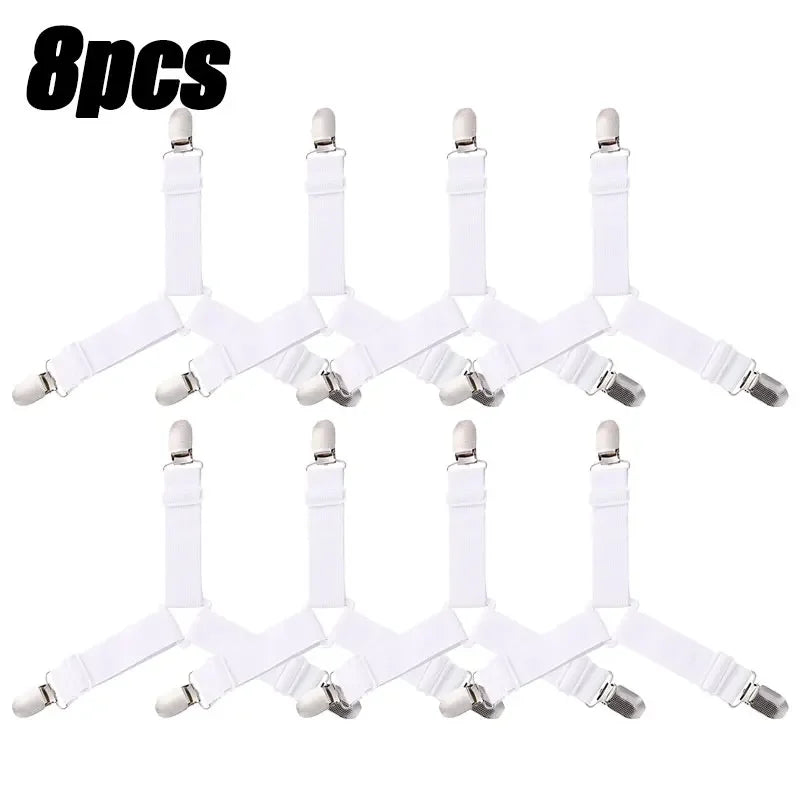 Eight adjustable bed sheet grippers with clips shown in a spread out arrangement.