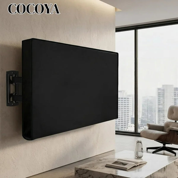 A black outdoor waterproof TV screen protector cover mounted on a white wall.