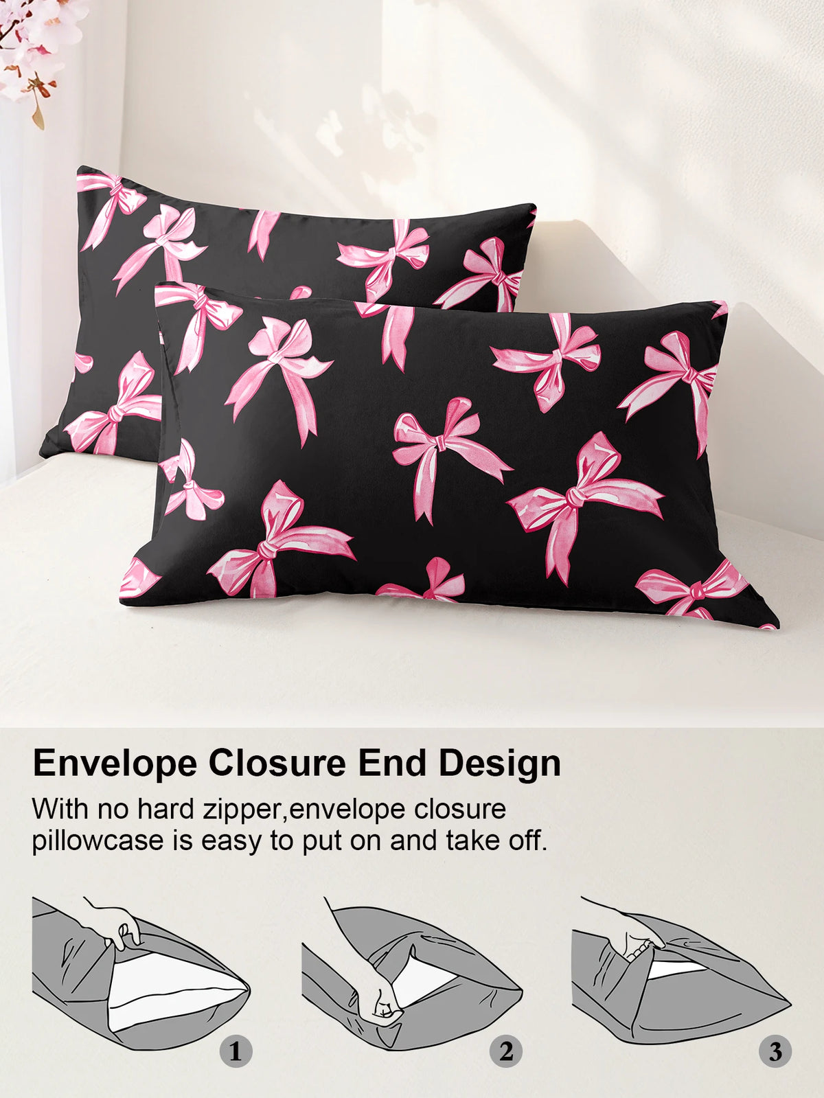 Black pillowcases with pink plaid bow print and envelope closure design