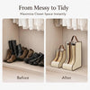 Before and after comparison showing how to maximize closet space with a portable boot storage bag.