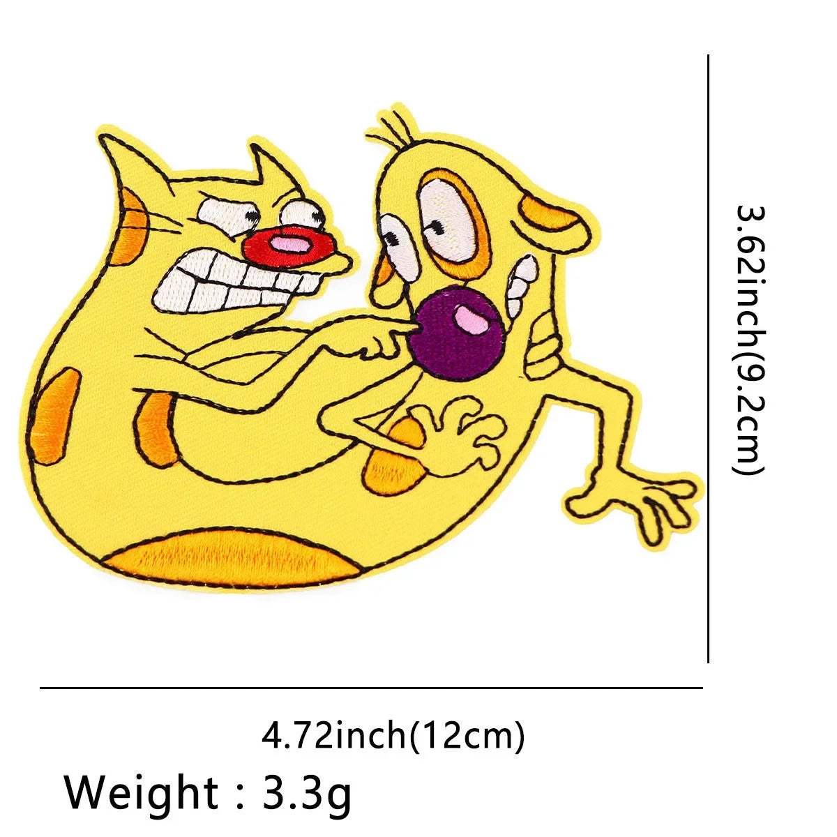 A yellow embroidered patch of a cartoon cat with wide eyes and a purple nose.