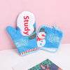 Blue insulated oven mitts featuring a study theme with a white pom-pom and a snowman design