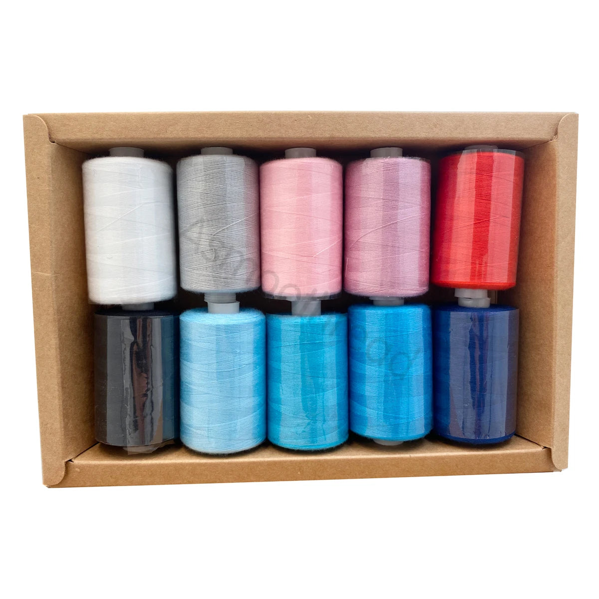 A box containing ten colorful polyester sewing thread spools in various shades of white, gray, pink, and red.
