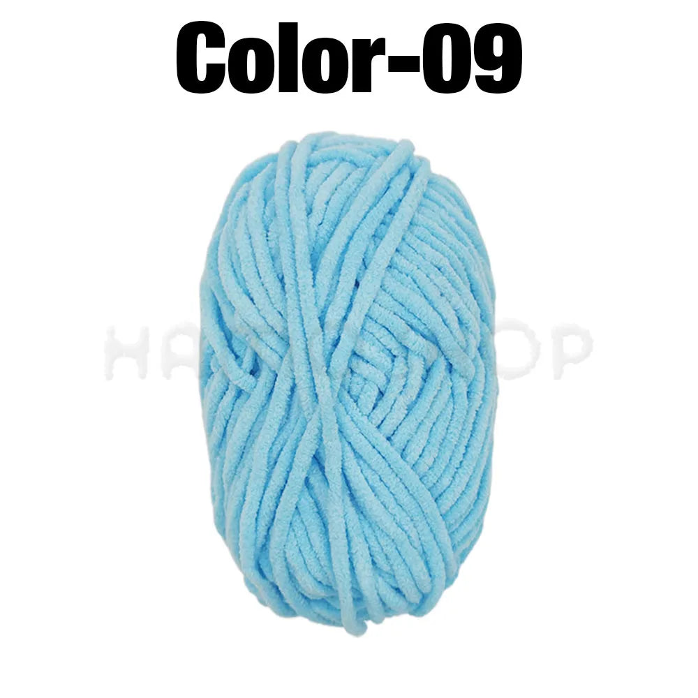 A ball of light blue soft velvet chenille yarn labeled Color-09 for crafting.