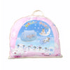 Pink portable baby crib net with soft padding featuring a smiling baby on the moon
