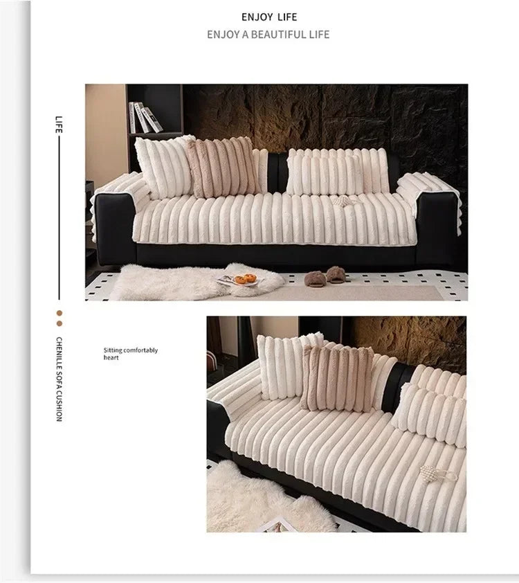 A beige thickened plush sofa seat cushion with vertical pleats shown on a black sofa.