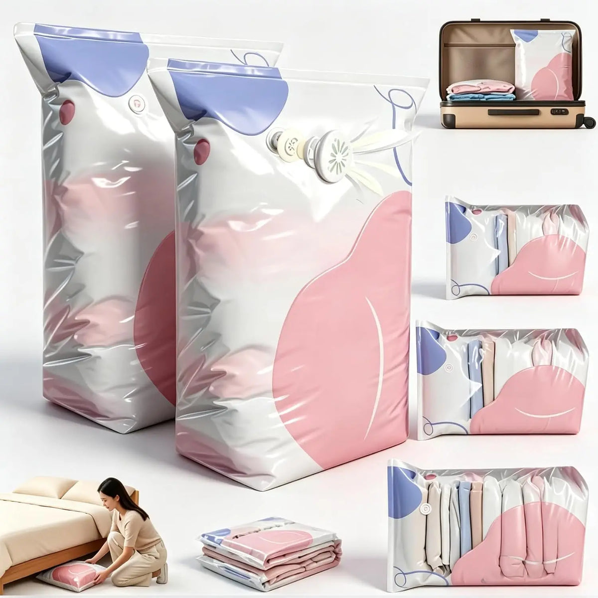 A set of large vacuum storage bags for bedding, including comforters and pillows, in white and pink colors.