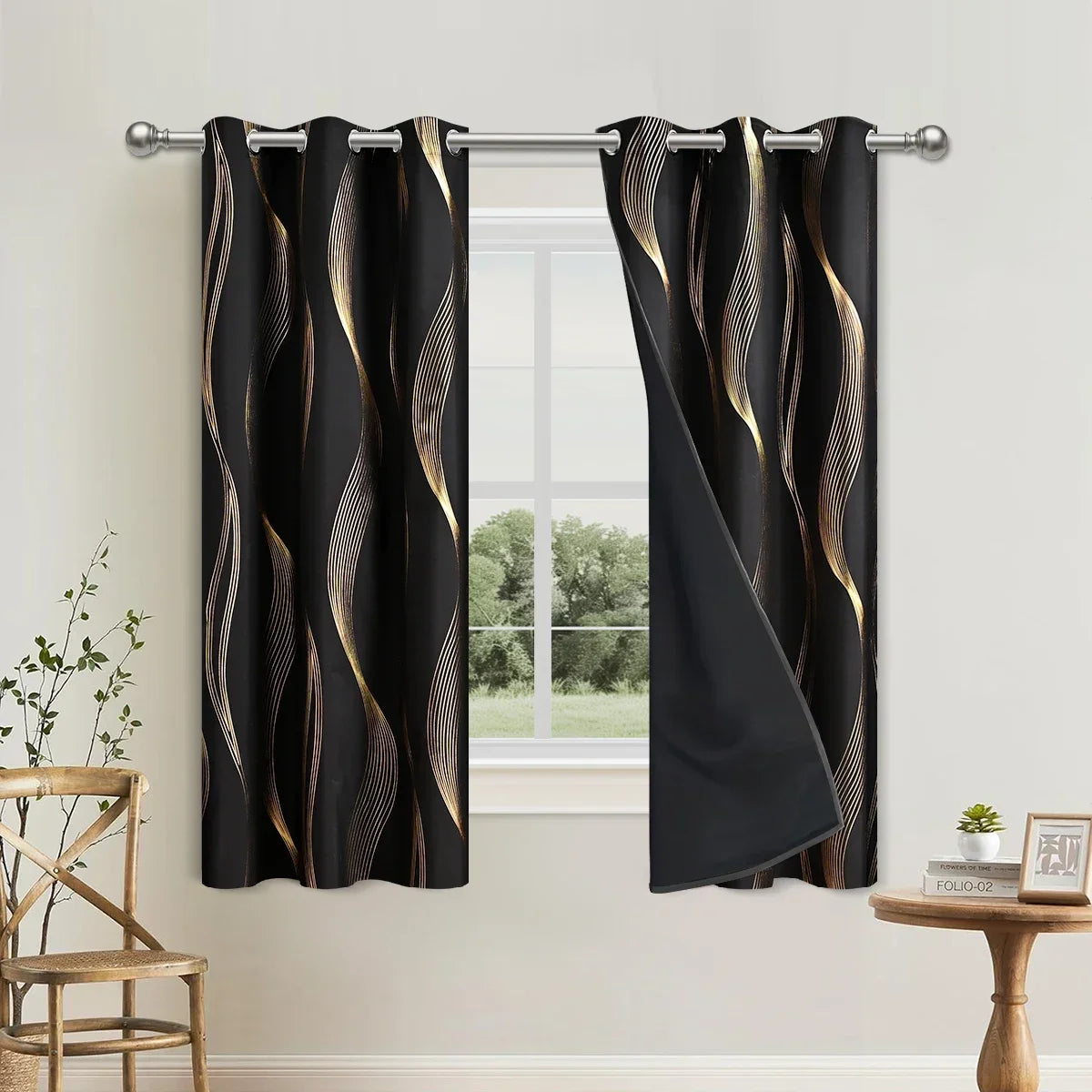 Blackout curtains featuring a marble pattern with gold wavy lines hanging in a window.