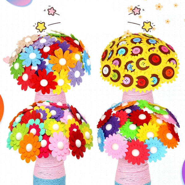 A colorful bouquet of felt flowers in various shades of red, orange, yellow, pink, and blue.