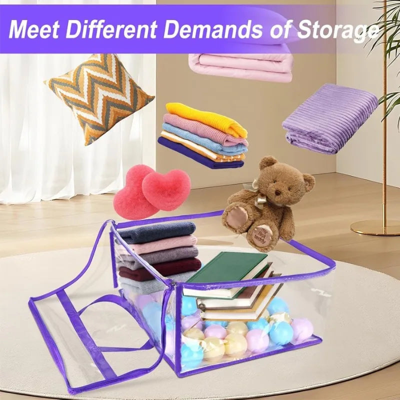 A clear purple storage bag filled with various textiles including folded fabrics, books, and soft toys.