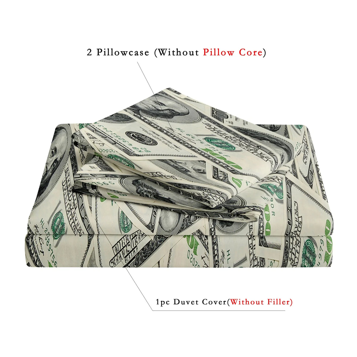 Two pillowcases without a core and one duvet cover without a filler, featuring an elegant green and black banknote print.