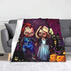 A dark purple horror themed blanket featuring Chucky and other spooky elements.